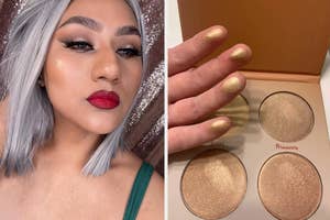 Reviewer wearing the lip liner and showing off the highlighter kit