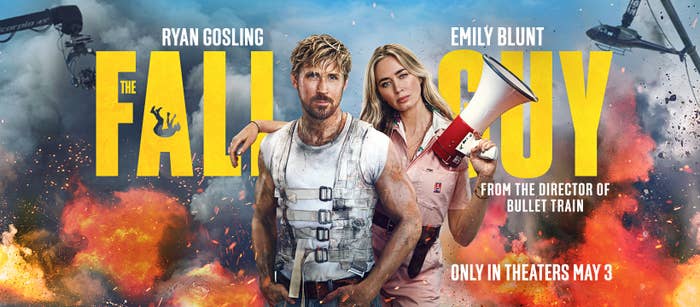 Movie poster for &quot;The Fall Guy&quot; with Ryan Gosling and Emily Blunt holding props, releasing May 3