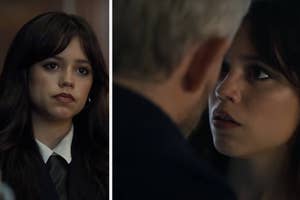 Two characters in a tense conversation, female with bangs and suit, male with back to camera