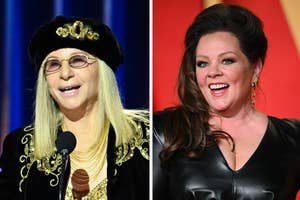 Barbra Streisand in a black hat and jacket; Melissa McCarthy in a leather top, both smiling