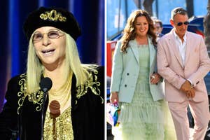 Barbra Streisand in black hat and jacket; Leah Remini in ruffled dress with man in suit, both smiling