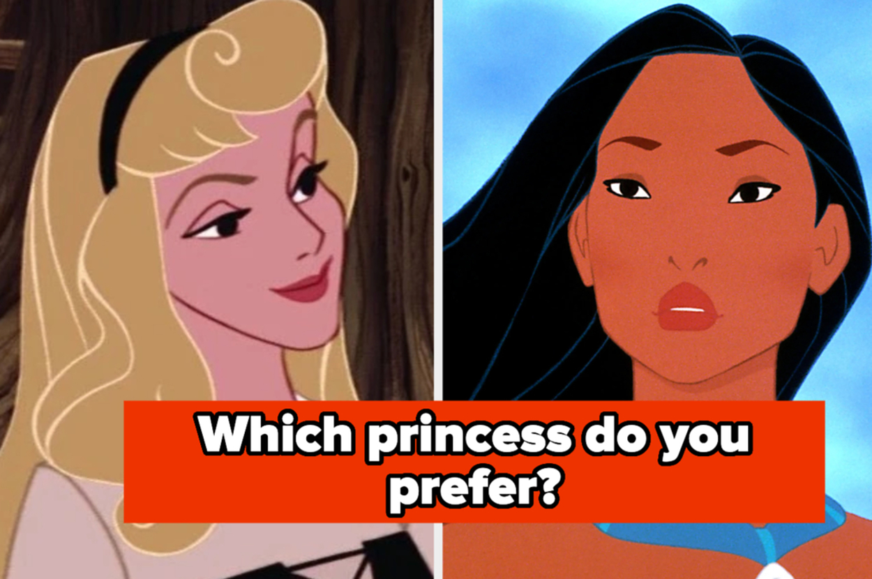 Aurora and Pocahontas side by side with text "Which princess do you prefer?"