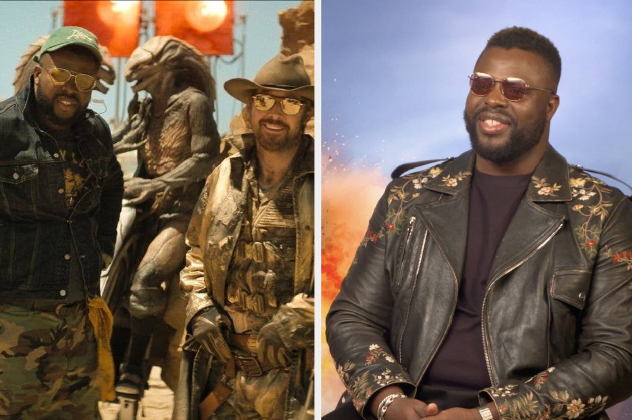 Split image; left side shows two men in tactical gear, right side is a man in a studded jacket smiling