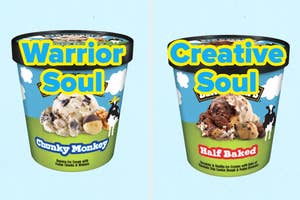 Image contains two ice cream containers with the text "Warrior Soul" on the left and "Creative Soul" on the right, each with playful font styles