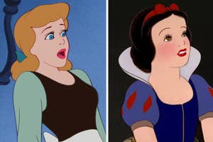 Animated characters Cinderella and Snow White, Cinderella looking surprised, Snow White with a gentle smile