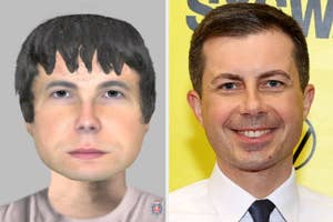 Two side-by-side portraits, one a morphed nondescript face, the other of Pete Buttigieg smiling