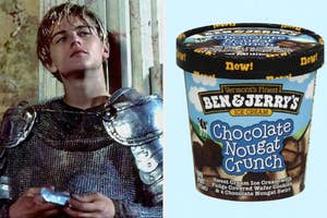 Person in medieval armor leaning against a wall; side image of Ben & Jerry's Chocolate Nougat Crunch ice cream