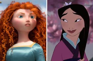 Merida from Brave on the left and Mulan from the Disney film on the right, both animated characters