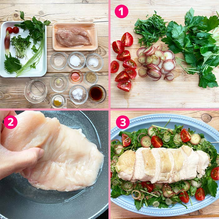 料理手順を示す4枚の画像、生鶏胸肉の準備からサラダに盛り付けるまで。