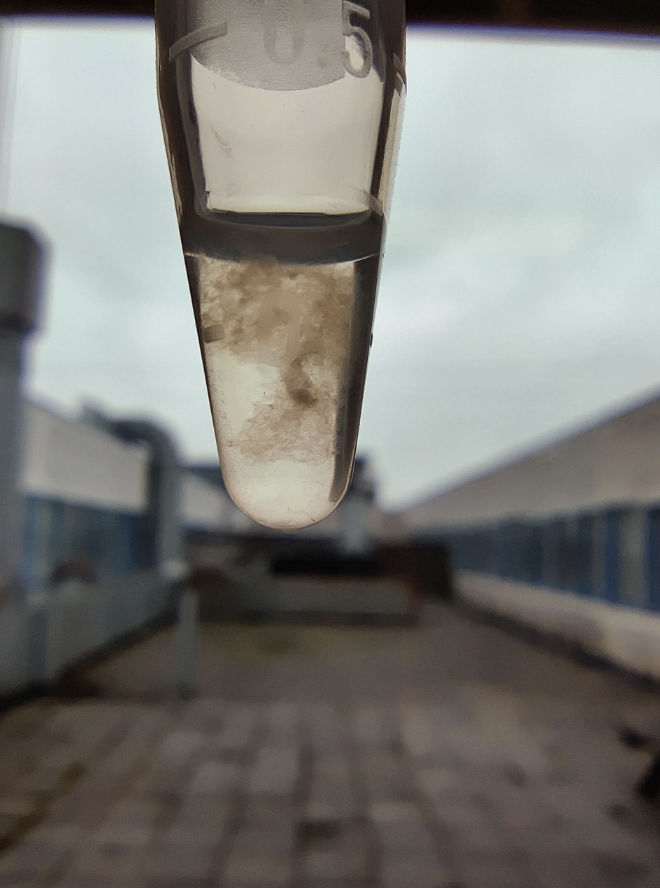 Test tube with a precipitate against a blurred industrial background
