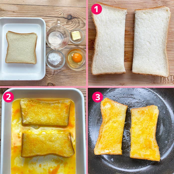 食パンで作るフレンチトーストのレシピのステップが4枚の画像に分けて表示されています。