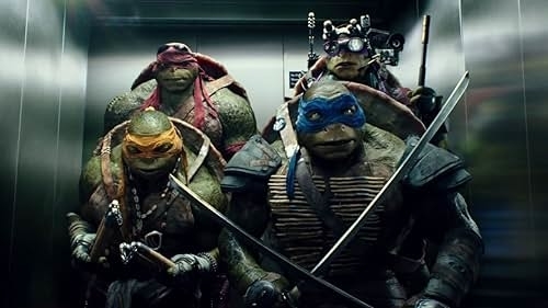 Four Teenage Mutant Ninja Turtles characters standing together in an elevator, geared up for battle