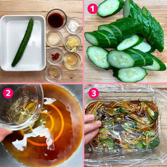 料理の手順を示す画像。1はキュウリを切ったもの、2は調味料を混ぜる様子、3は混ぜた調味料とキュウリ。