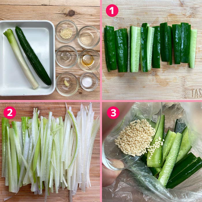 料理の工程を示す4枚の写真:1.きゅうりの準備、2.きゅうりと他の野菜の切り分け、3.調理中のきゅうりと調味料。