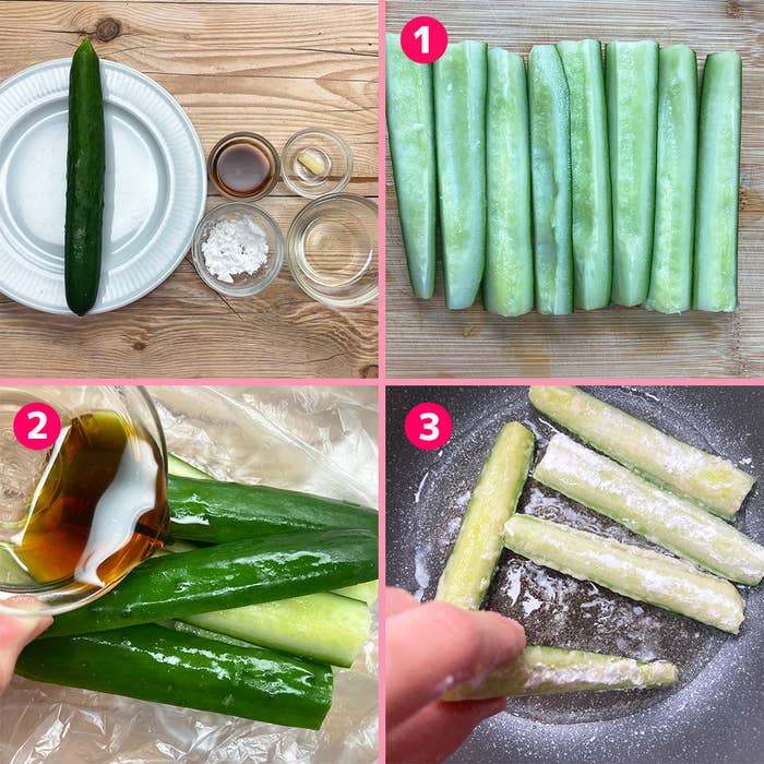 きゅうりを調理する過程を示す4枚の画像で、上から塩を振り、シロップをかけ、砂糖をまぶしている。