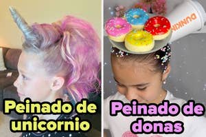 Peinados creativos para niñas: uno con cuerno de unicornio y otro con diadema de donas