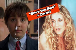 Split image of a character in a school uniform and a person with curly hair next to text "She's the Man = Carrie!"