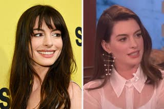 Split image: Left: Actress with elegant updo, dangling earrings, off-shoulder dress. Right: Same actress, white blouse, interview setting