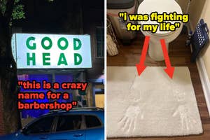 Two images: Left, a neon sign "GOOD HEAD" above a shop; Right, text on a bath mat, "I was fighting for my life."