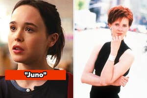 Left: Character Juno from the movie "Juno". Right: Actress posing confidently with hand on chin. Text: "Juno"