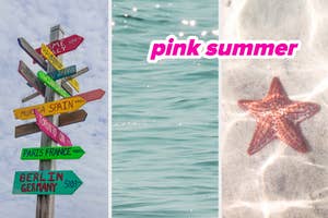 A collage of three images: a signpost with destination arrows, text "pink summer" on a water background, and a starfish underwater