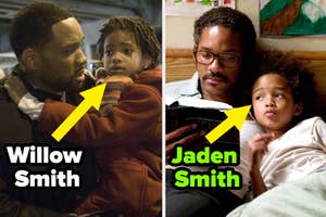 Will Smith embracing Willow Smith on the left, and on the right, laying with Jaden Smith reading a book