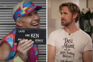 Split image: Left, actor in colorful hat with nameplate; right, actor wearing a t-shirt with text