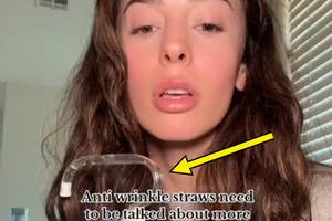 The image shows a woman holding a clear straw with text overlay about anti-wrinkle straws needing more discussion