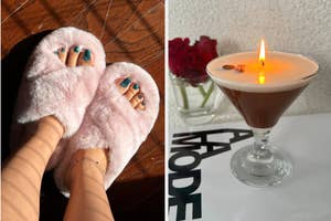 reviewer in pink fuzzy slippers / a martini glass holding a candle to look like an espresso martini
