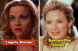 Elle Woods character from "Legally Blonde" next to a character resembling Samantha Jones