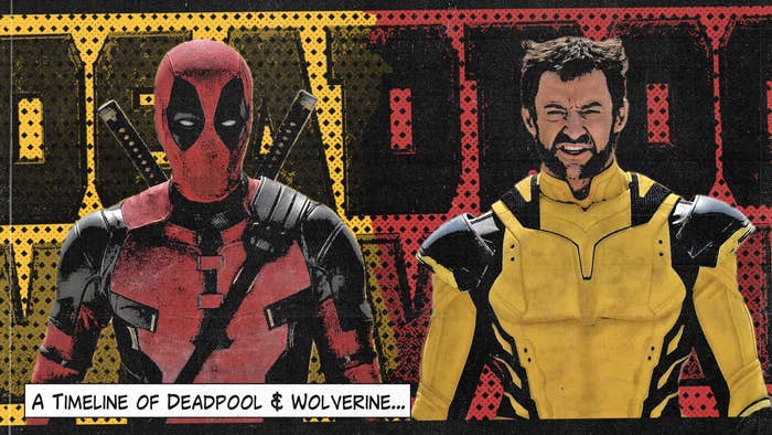 Deadpool and Wolverine characters side by side with text &quot;A Timeline of Deadpool &amp; Wolverine&quot;