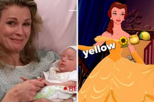 Woman holding a newborn next to a text image with Belle from Beauty and the Beast, and the word "yellow" with related emojis