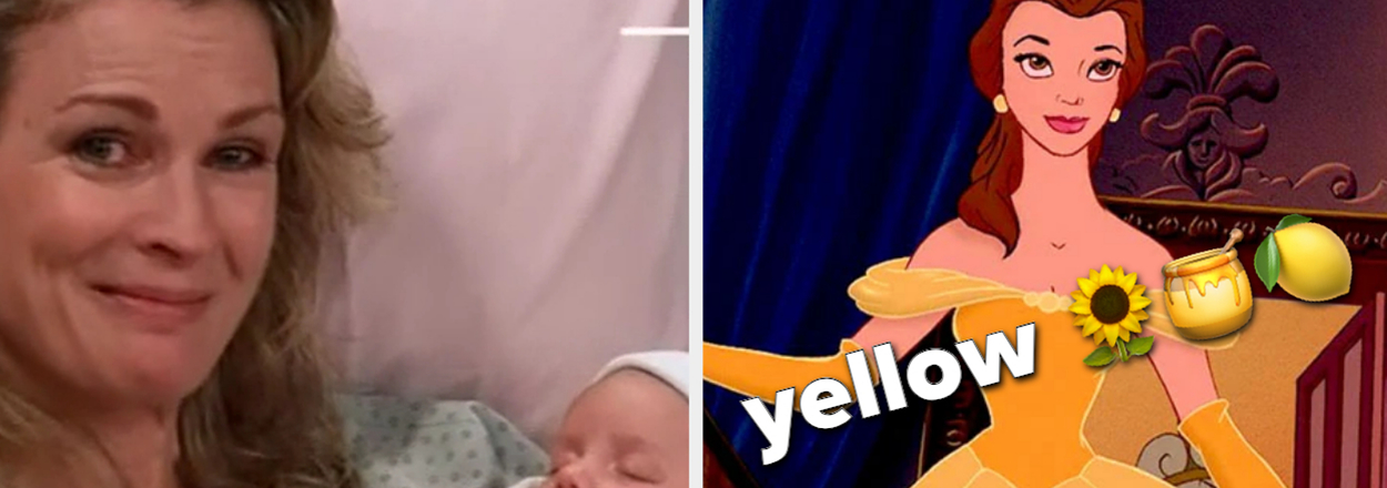 Woman holding a newborn next to a text image with Belle from Beauty and the Beast, and the word "yellow" with related emojis