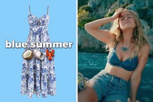 Left: A summer dress with accessories. Right: A person in a blue bikini top and denim shorts by the sea