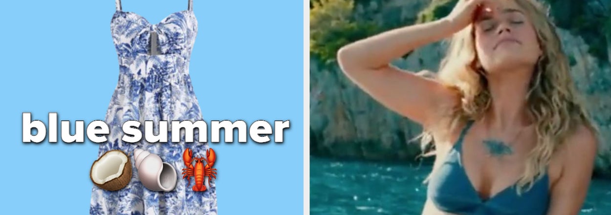 Left: A summer dress with accessories. Right: A person in a blue bikini top and denim shorts by the sea
