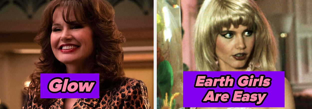 Split image with Geena Davis' characters from "Glow" and "Earth Girls Are Easy," named shows in bold text
