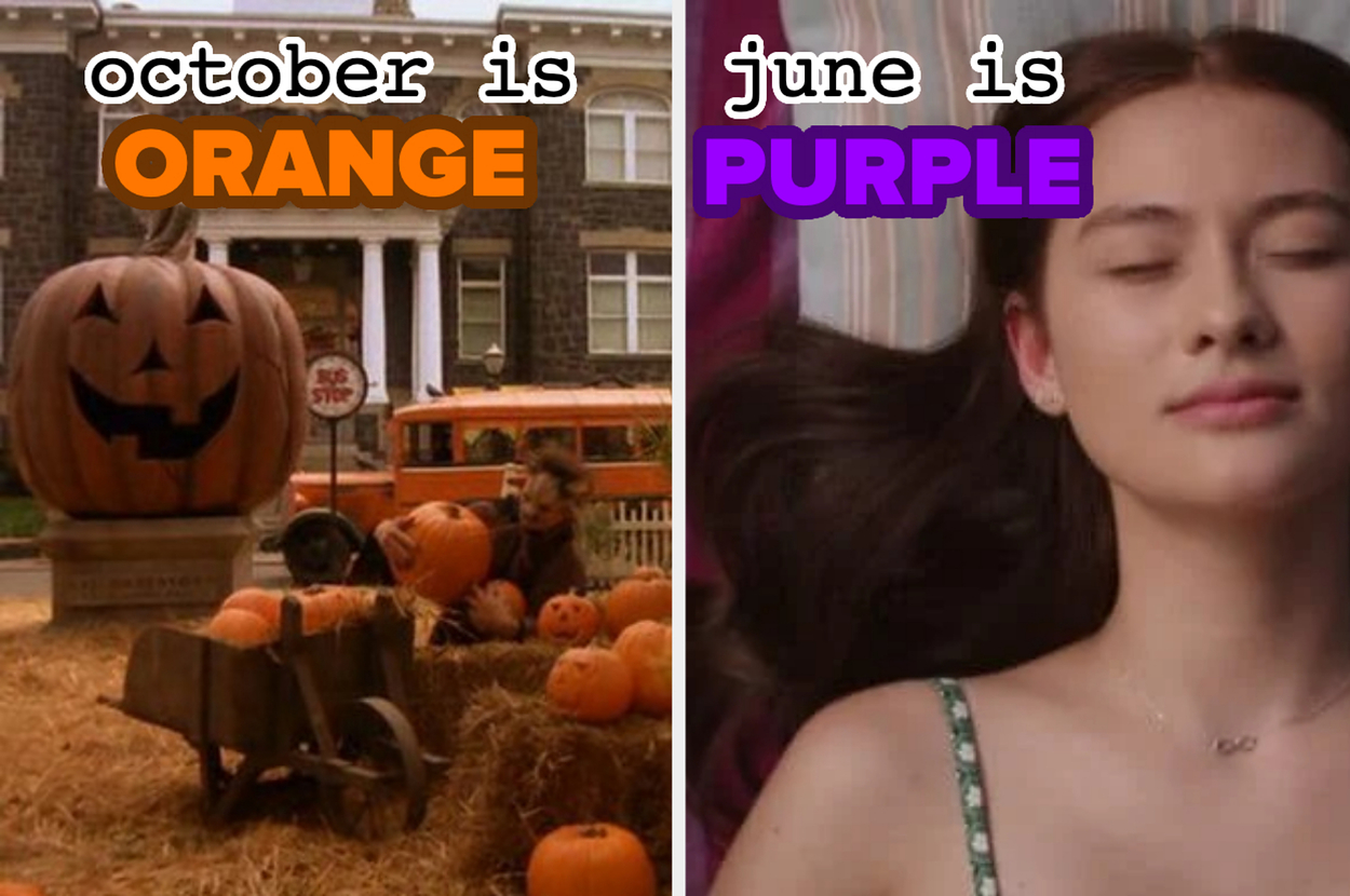 Split image: left shows pumpkins and a Halloween scene captioned "October is ORANGE"; right shows a woman with eyes closed captioned "June is PURPLE"