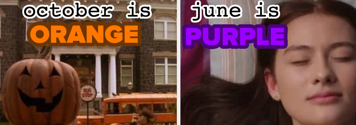 Split image: left shows pumpkins and a Halloween scene captioned "October is ORANGE"; right shows a woman with eyes closed captioned "June is PURPLE"