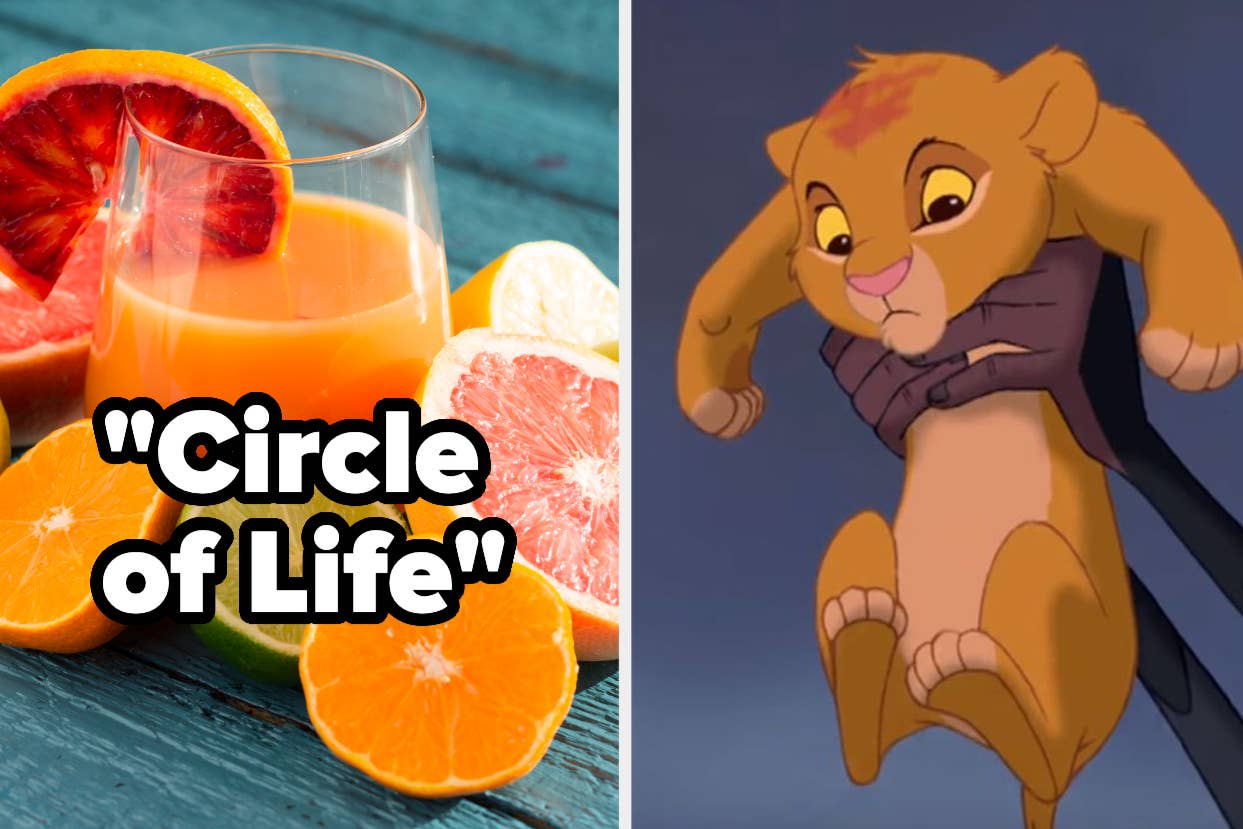 Glass of juice with citrus fruit, and animated character Simba from "The Lion King" next to text "Circle of Life"