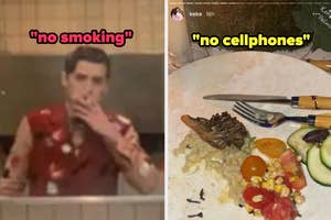 Cole Sprouse breaking the "no smoking" rule, and Keke Palmer breaking the "no cellphones" rule