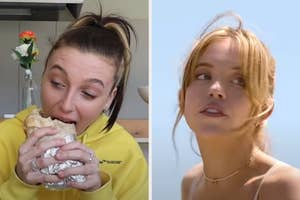 On the left, Emma Chamberlain eating a Chipotle burrito, and on the right, Sydney Sweeney as Bea in Anyone but You