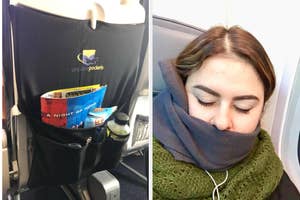 airplane pocket tray cover with drinks and snacks; reviewer wearing gray Trtl neck pillow while sleeping on flight