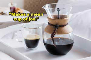 a stylish looking pour-over coffee maker and reviewer quote "makes a mean cup of joe"