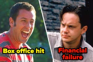 Split image of Adam Sandler laughing in a striped shirt and Giovanni Ribisi looking serious, with text "Box office hit" and "Financial failure"