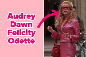 Elle Woods, a character from "Legally Blonde," in a pink leather outfit, with names pointing at her: Audrey Dawn Felicity Odette
