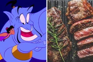 Aladdin and Genie from Disney's "Aladdin" on left, grilled steaks with rosemary on right