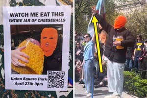 Poster of person planning to eat a jar of cheeseballs compared to them achieving it in a park