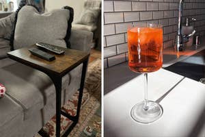Side-by-side image: Left shows a wooden side table with a remote control, right has a tall stemmed glass with a beverage on a tub edge