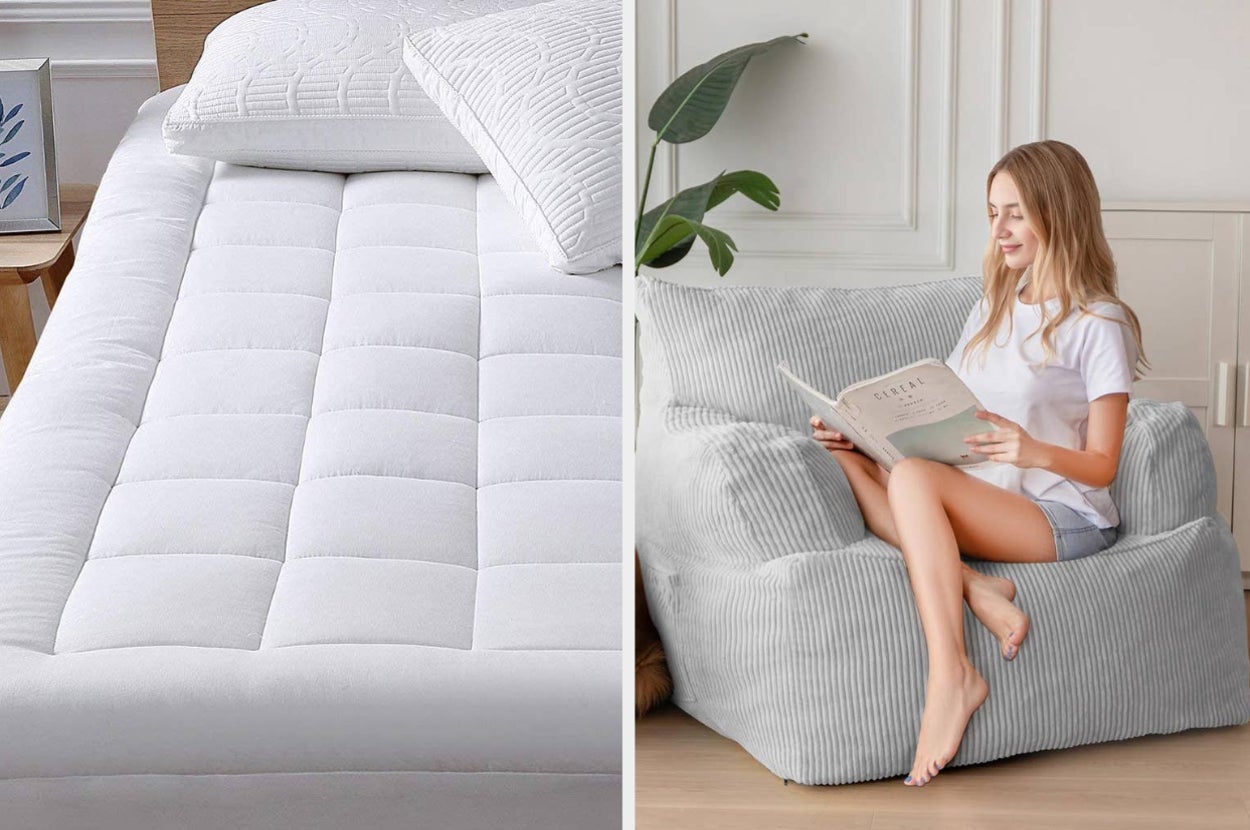 Woman reading on a large beanbag chair next to a displayed white comforter, showcasing home comfort products