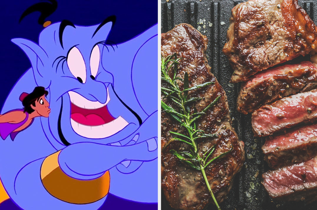 Aladdin and Genie from Disney's "Aladdin" on left, grilled steaks with rosemary on right